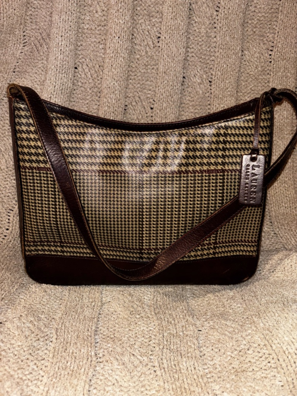 Vintage Lauren Ralph Lauren Brown Plaid Houndstooth Shoulder Bag Leather Trim